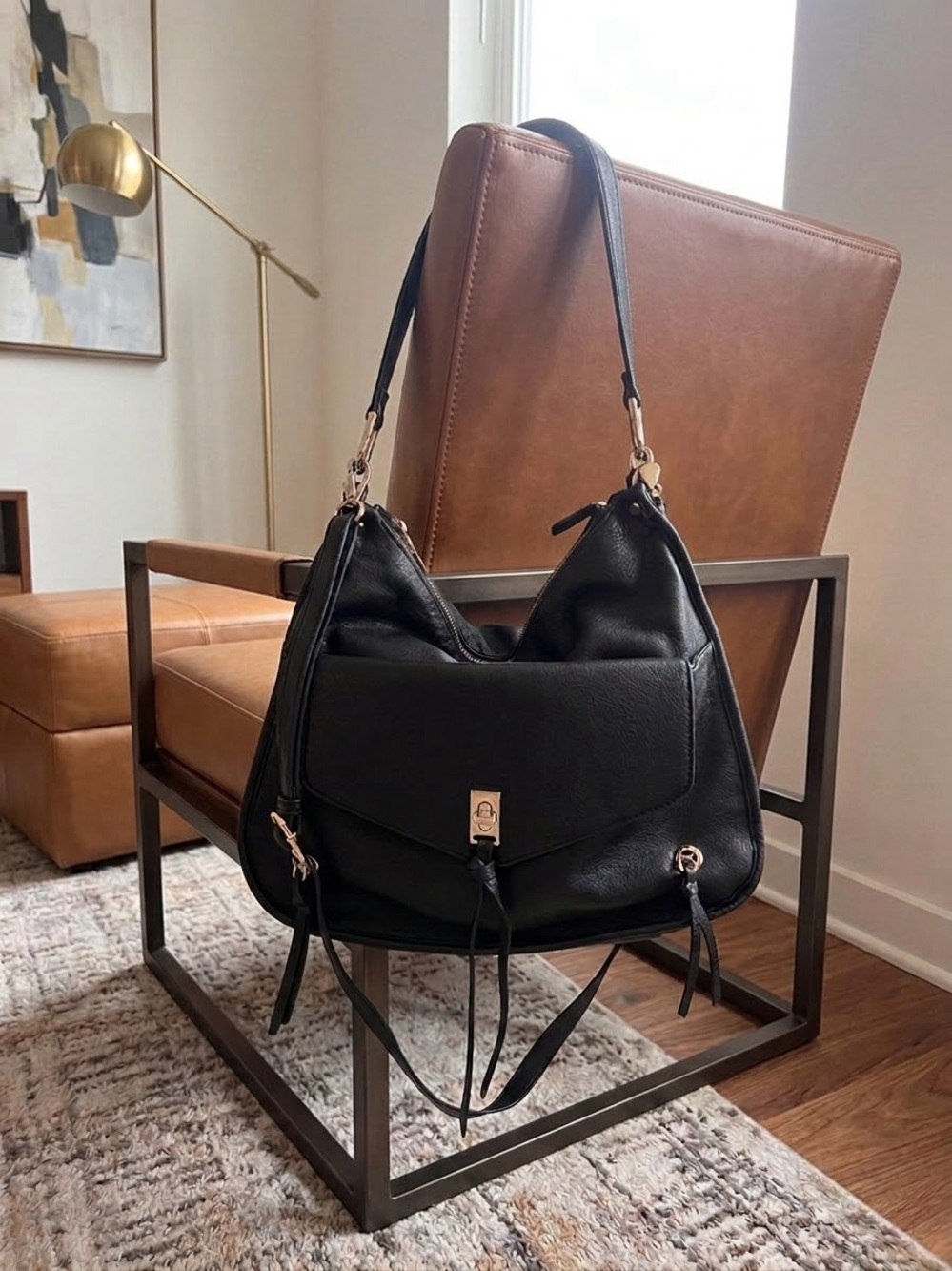 Picard Black slouchy Leather Hobo Shoulder Bag or crossbody gold hardware
